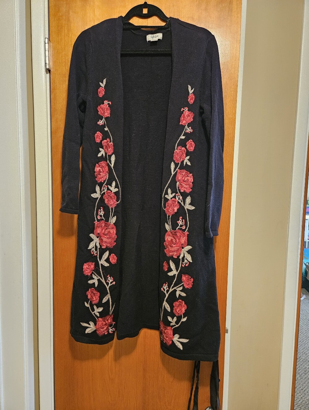 Style & Co. Floral Embroidered Rose Long Duster Cardigan - Size Large